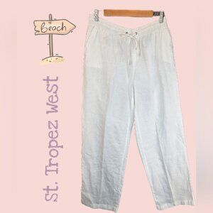 St. Tropez West Womens White 100% Linen Pull On Elastic Waist Tie Pants Sz L